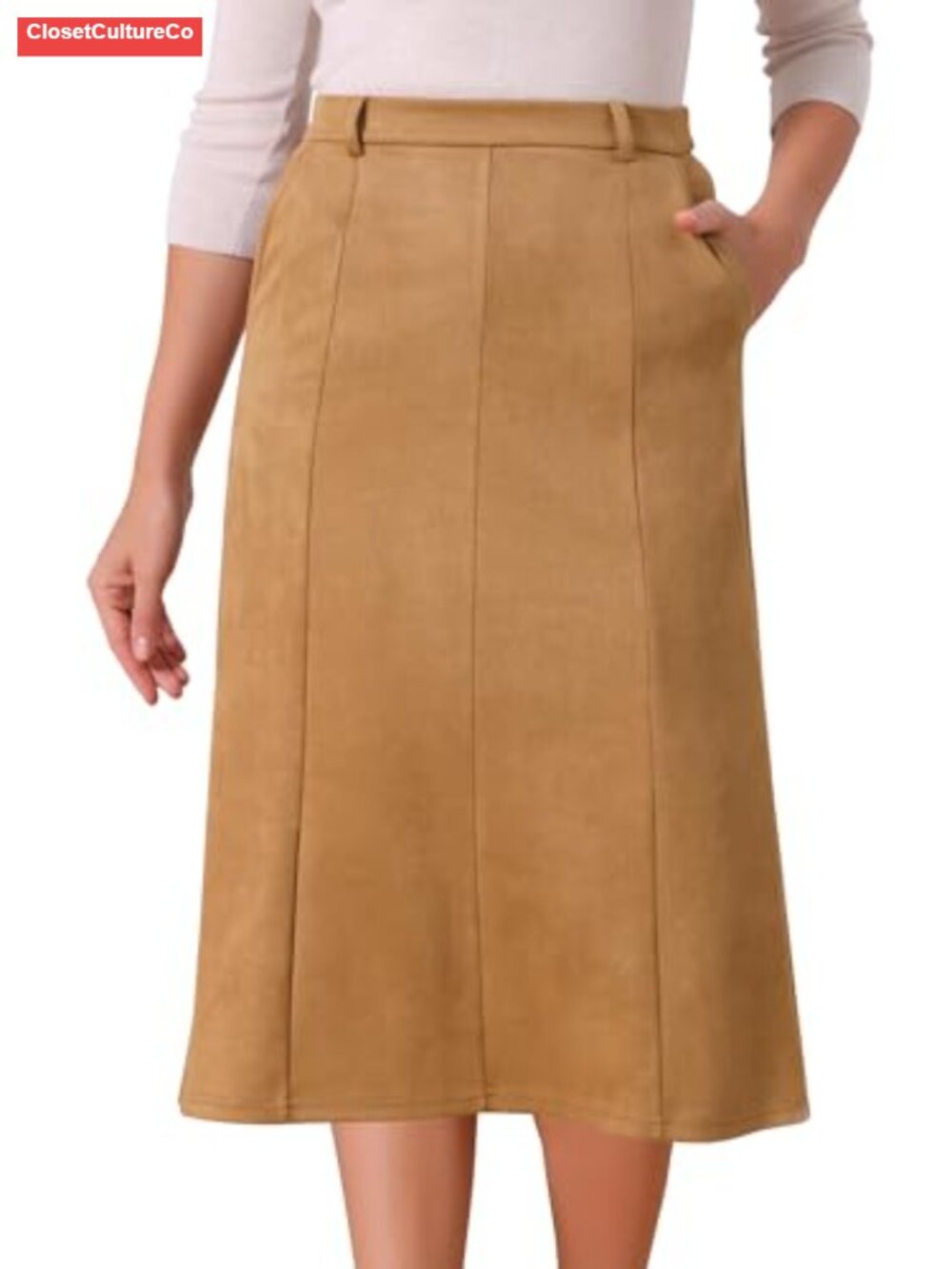 Faux Suede High Waist A-Line Midi Skirt Stretchy Work Fall Winter